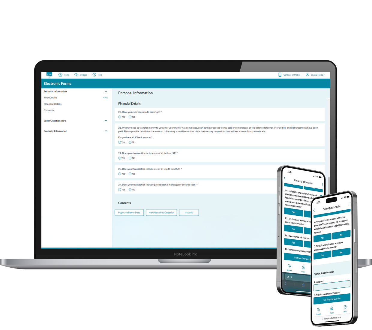 Desktop and mobile mock up of InfoTrack eCOS smart forms with a blue and white interface of a digital property information form